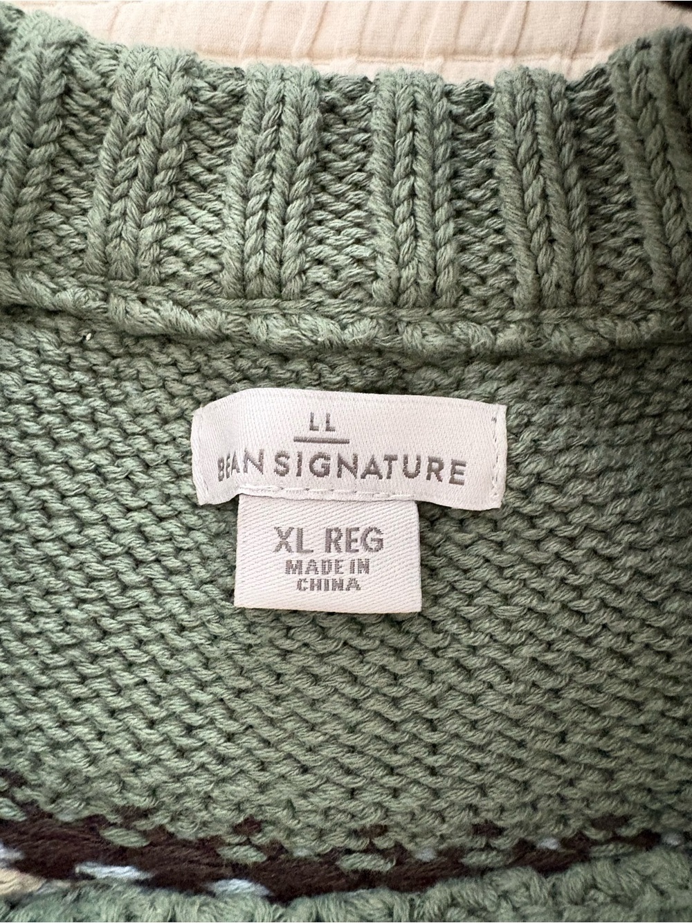 LL Bean Signature Green Cable Knit Fair Isle Sweater with Bird Motif Size XL - Picture 3 of 4